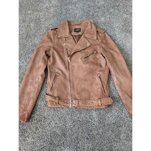 LAMARQUE Womens Tan Brown 100% Leather Moto Biker Jacket Belted Size S